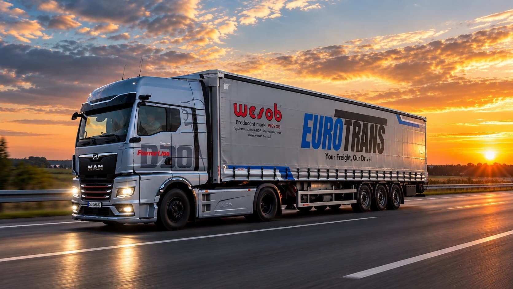 Zestaw ciężarowy EuroTrans — ciągnik MAN z naczepą firanką na autostradzie o zachodzie słońca